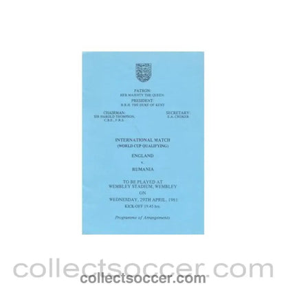 1981 England v Rumania programme of arrangements Royal Box - Collect Soccer