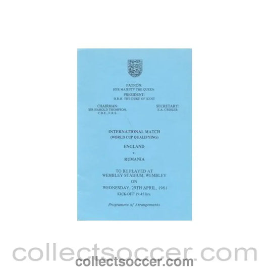 1981 England v Rumania programme of arrangements Royal Box