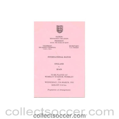 1981 England v Spain programme of arrangements Royal Box - Collect Soccer
