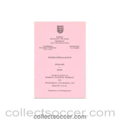 1981 England v Spain programme of arrangements Royal Box - Collect Soccer