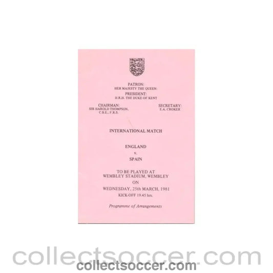 1981 England v Spain programme of arrangements Royal Box