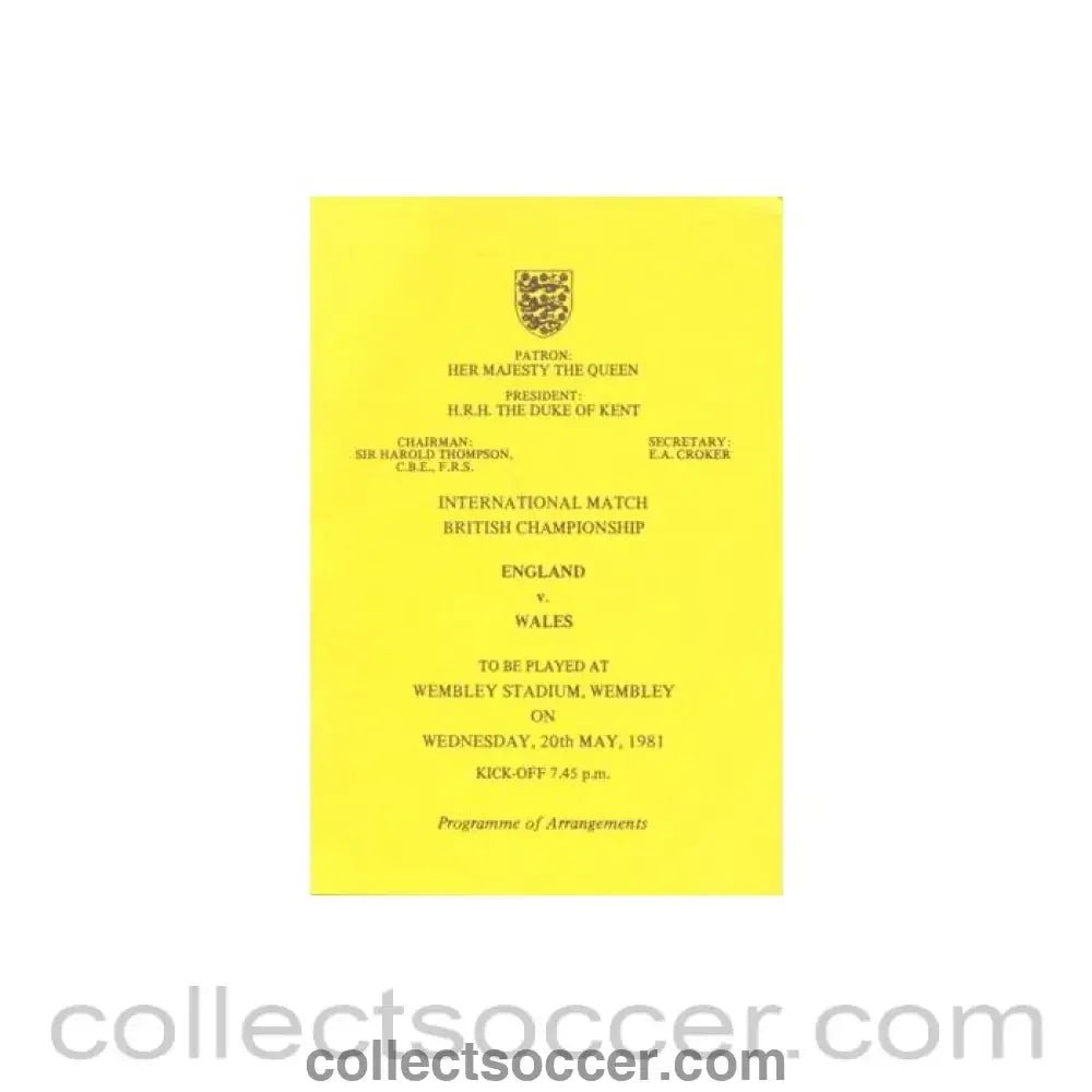 1981 England v Wales programme of arrangements Royal Box - Collect Soccer