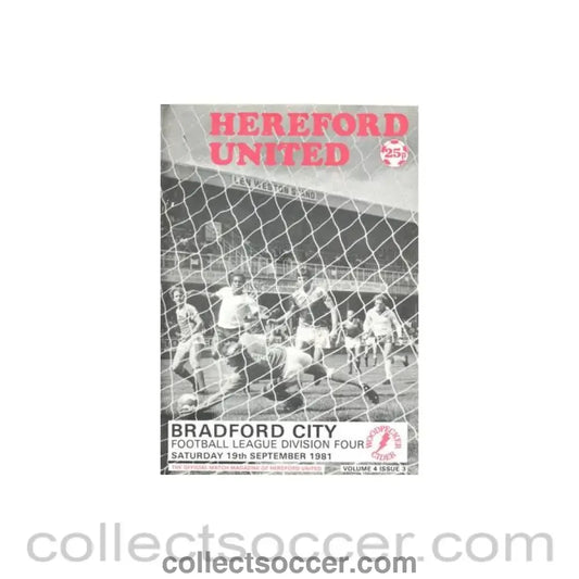 1981 - Hereford United v Bradford official programme 19/09/1981 Football League - Collect Soccer