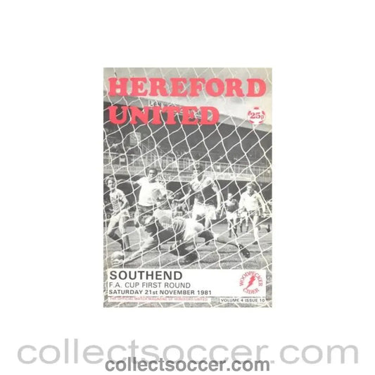 1981 - Hereford United v Southend official programme 21/11/1981 F.A. Cup - Collect Soccer