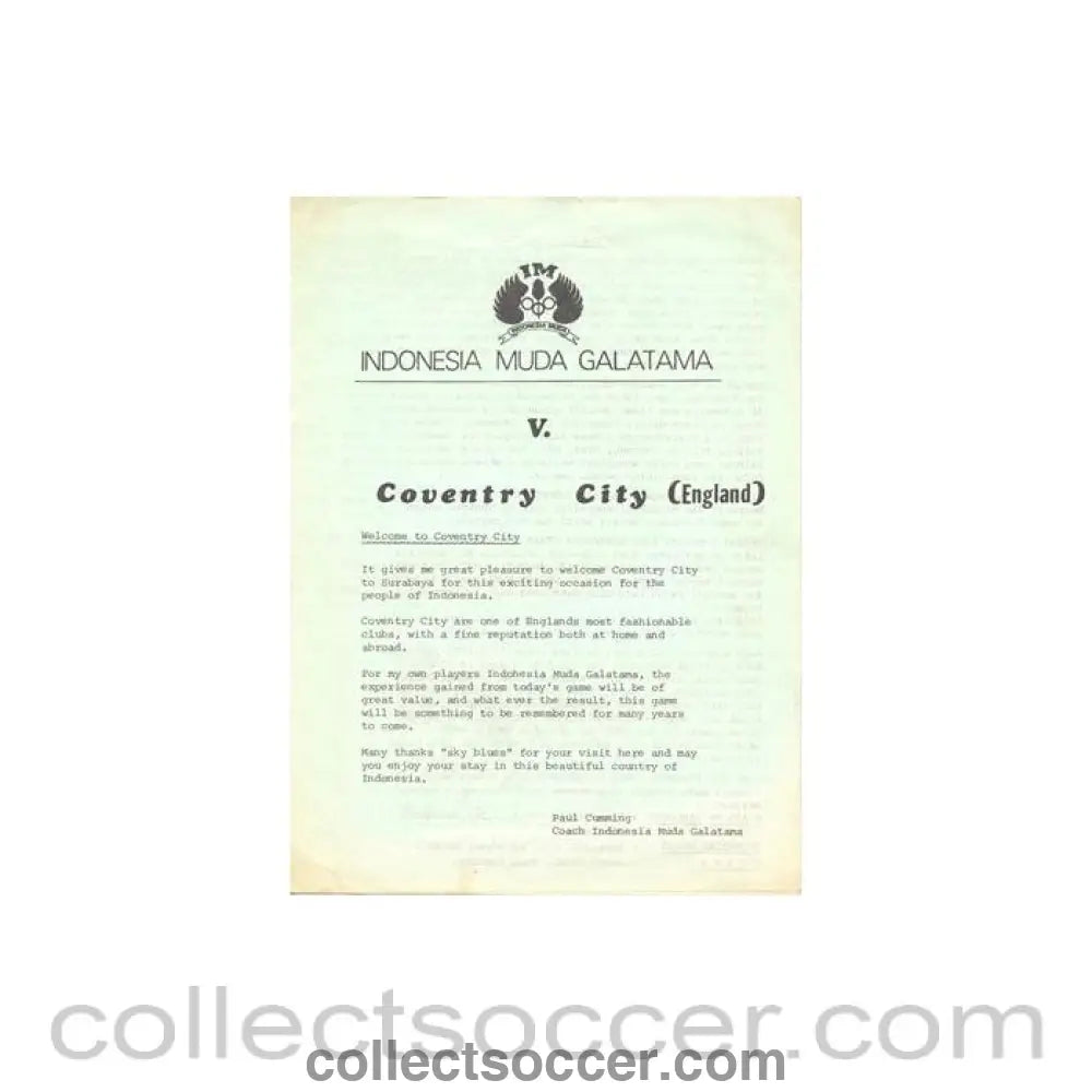 1981 - Indonesia Muda Galatama v Coventry City official programme 04/06/1981 - Collect Soccer