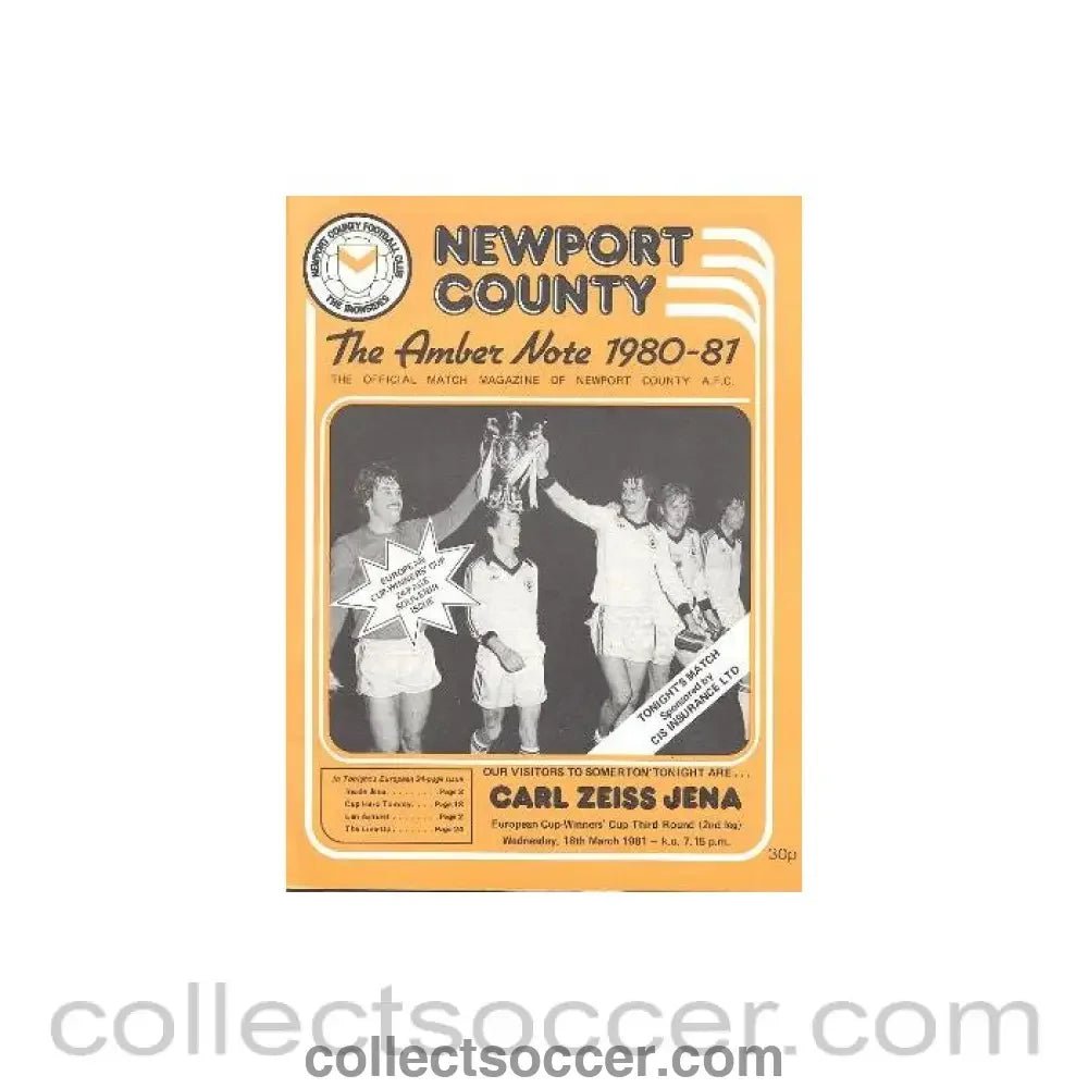 1981 - Newport County v Carl Zeiss Jena, East Germany official programme 18/03/1981 European Cup Winners Cup - Collect Soccer