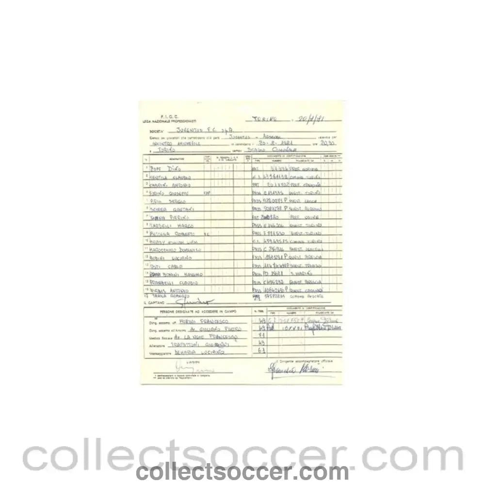 1981 - Non Programme Game Handwritten Teamsheet of Juventus 20/08/1981 Torino - Collect Soccer