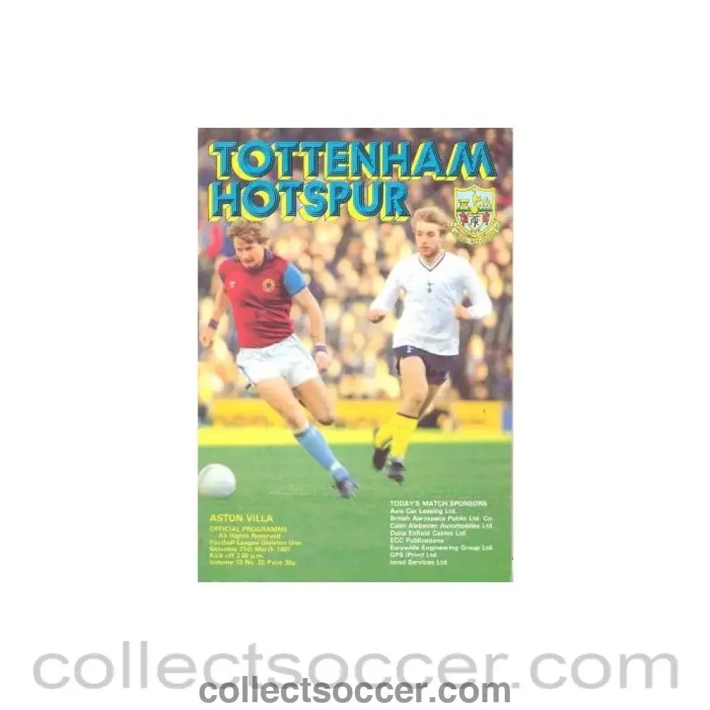 1981 - Tottenham Hotspur v Aston Villa official programme 21/03/1981 Football League - Collect Soccer