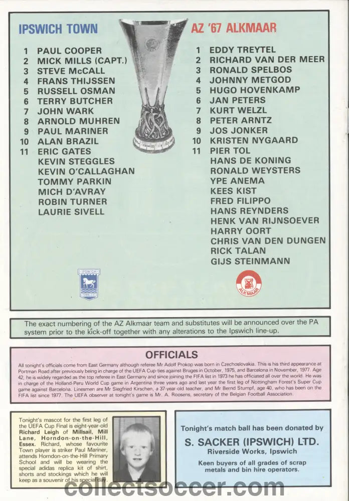 1981 UEFA Cup Final 1st Leg Programme Ipswich Town v AZ Alkmaar