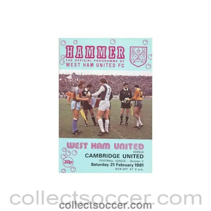 1981 - West Ham United v Cambridge United official programme 21/02/1981 Football League - Collect Soccer