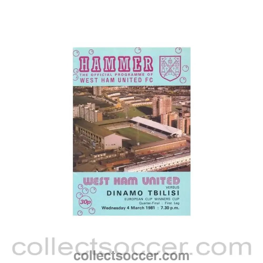 1981 - West Ham United v Dinamo Tbilisi official programme 04/03/1981 European Cup Winners Cup - Collect Soccer