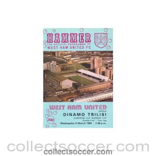 1981 - West Ham United v Dinamo Tbilisi official programme 04/03/1981 European Cup Winners Cup - Collect Soccer