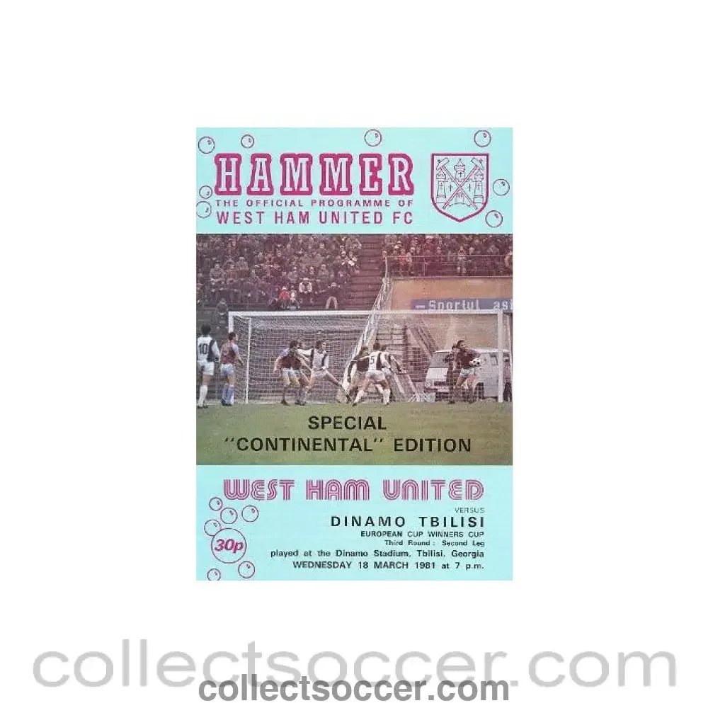 1981 - West Ham United v Dynamo Tbilisi official programme 18/03/1981 European Cup Winners Cup - Collect Soccer