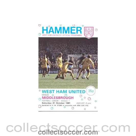 1981 - West Ham United v Middlesbrough official programme 31/10/1981 Football League - Collect Soccer