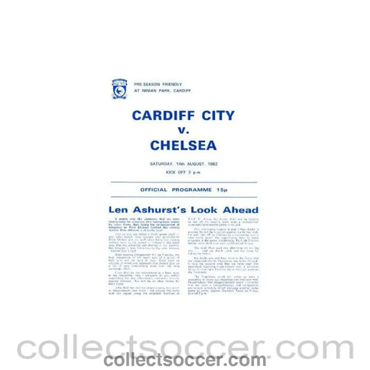 1982 - Cardiff City vChelsea official programme 14/08/1982 pre - season friendly - Collect Soccer