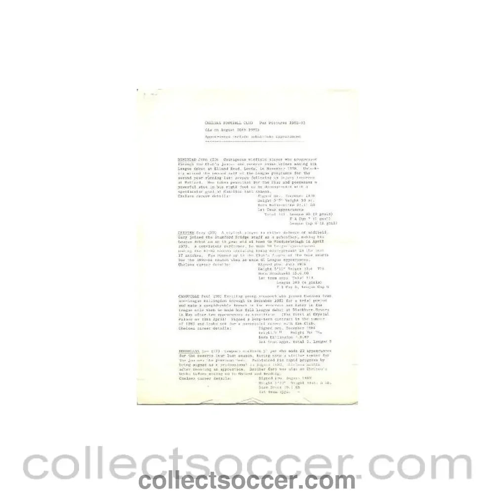 1982 - Chelsea Pen Pictures 1982-1983 - Collect Soccer