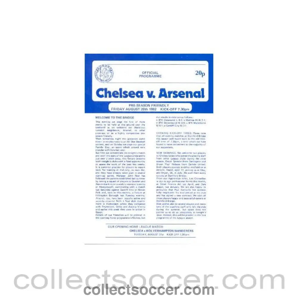 1982 - Chelsea v Arsenal official programme 20/08/1982