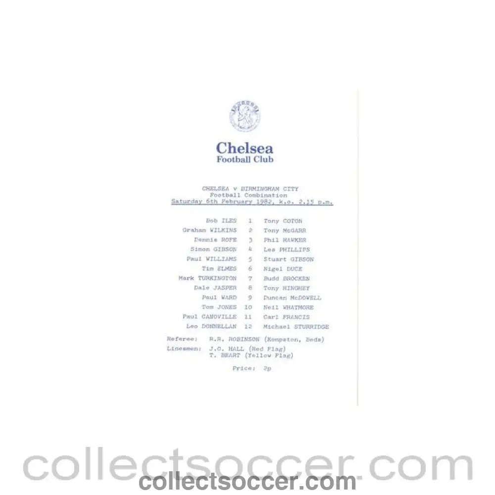 1982 - Chelsea v Birmingham City Reserves official programme 06/02/1982 Football Combination