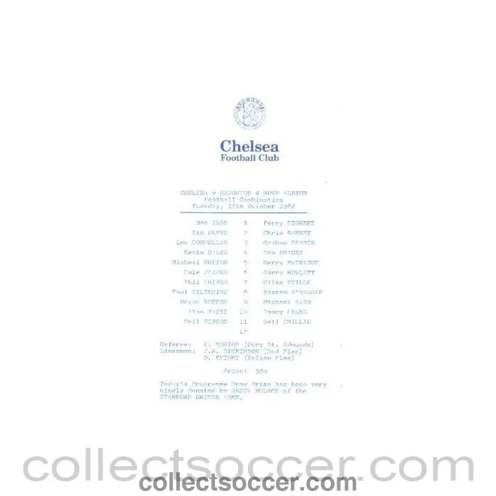 1982 - Chelsea v Brighton & Hove Albion official programme 12/10/1982 Reserves - Collect Soccer