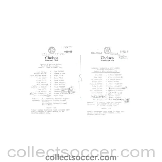1982 - Chelsea v Bristol Rovers 19/10/1982 and Chelsea v Brighton 12/10/1982 Reserves official teamsheet Football Combination - Collect Soccer
