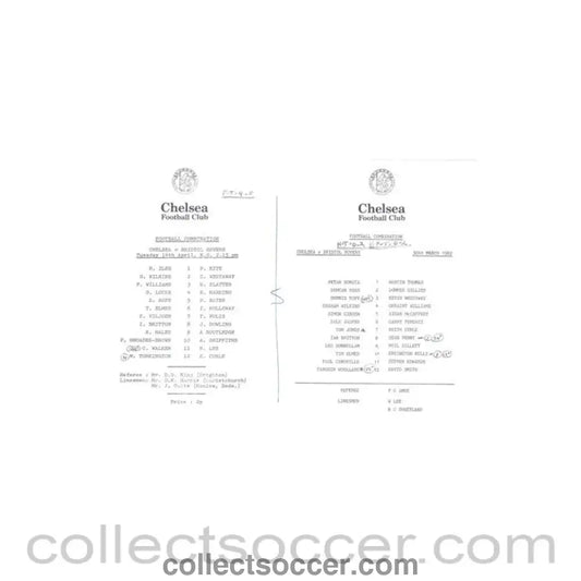 1982 - Chelsea v Bristol Rovers on 14/04/1982 and on 30/03/1982 Reserves official teamsheet Football Combination - Collect Soccer