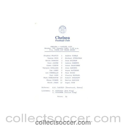 1982 - Chelsea v Cardiff City official programme 04/01/1982 FA Youth Cup - Collect Soccer