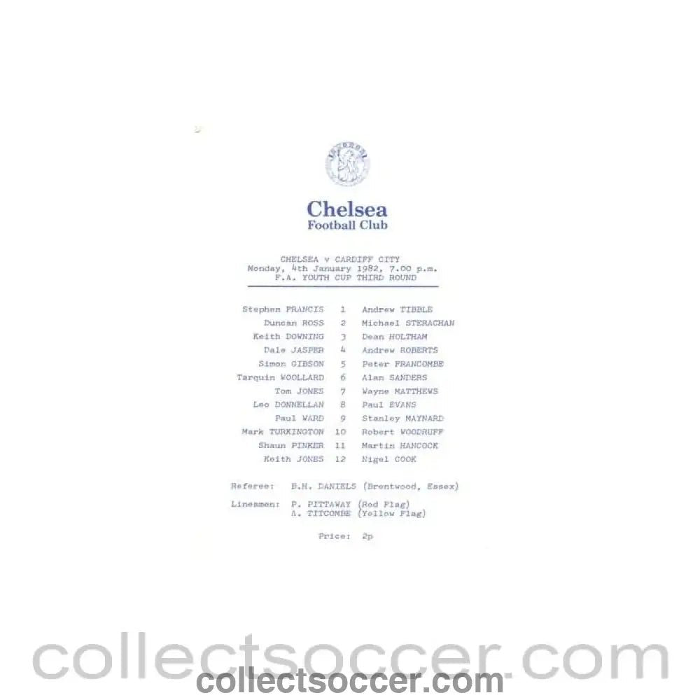 1982 - Chelsea v Cardiff City official programme 04/01/1982 FA Youth Cup - Collect Soccer