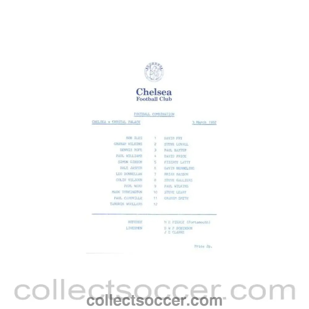 1982 - Chelsea v Crystal Palace Reserves official programme 03/03/1982 Football Combination