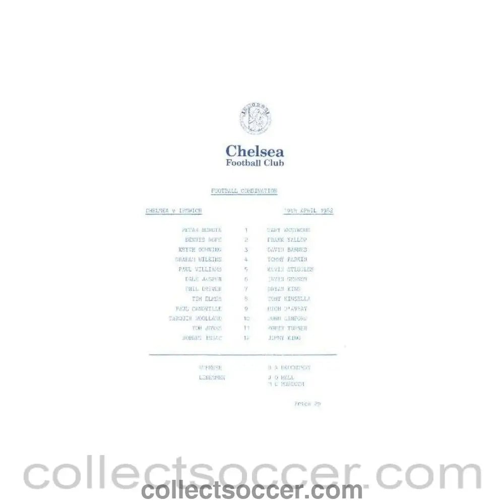 1982 - Chelsea v Ipswich Town Official Programme 19/04/1982 Reserves - Collect Soccer