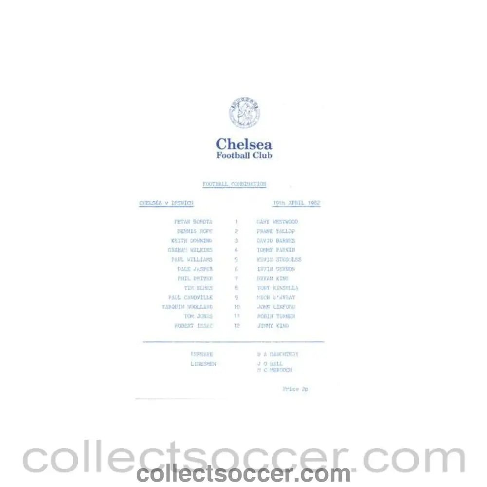 1982 - Chelsea v Ipswich Town Reserves official programme 19/04/1982 Football Combination - Collect Soccer