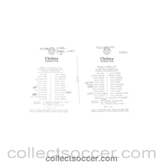 1982 - Chelsea v Leicester 28/09/1982 and Chelsea v Swindon 25/01/1983 Reserves official teamsheet Football Combination - Collect Soccer