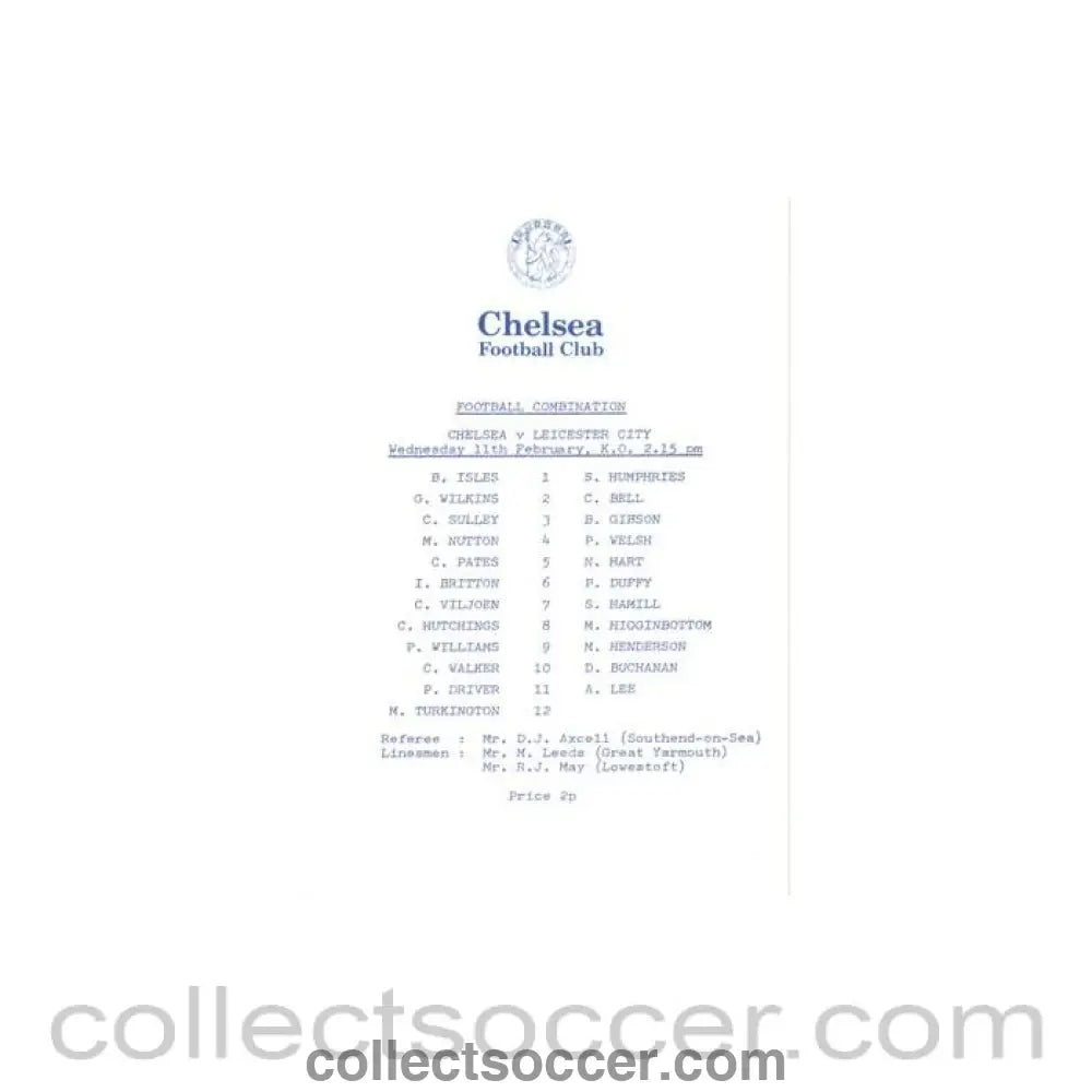 1982 - Chelsea v Leicester City Reserves official programme 11/02/1982 Football Combination