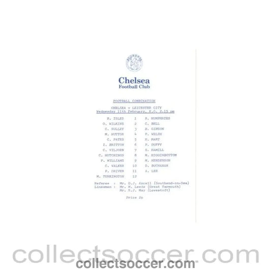 1982 - Chelsea v Leicester City Reserves official programme 11/02/1982 Football Combination