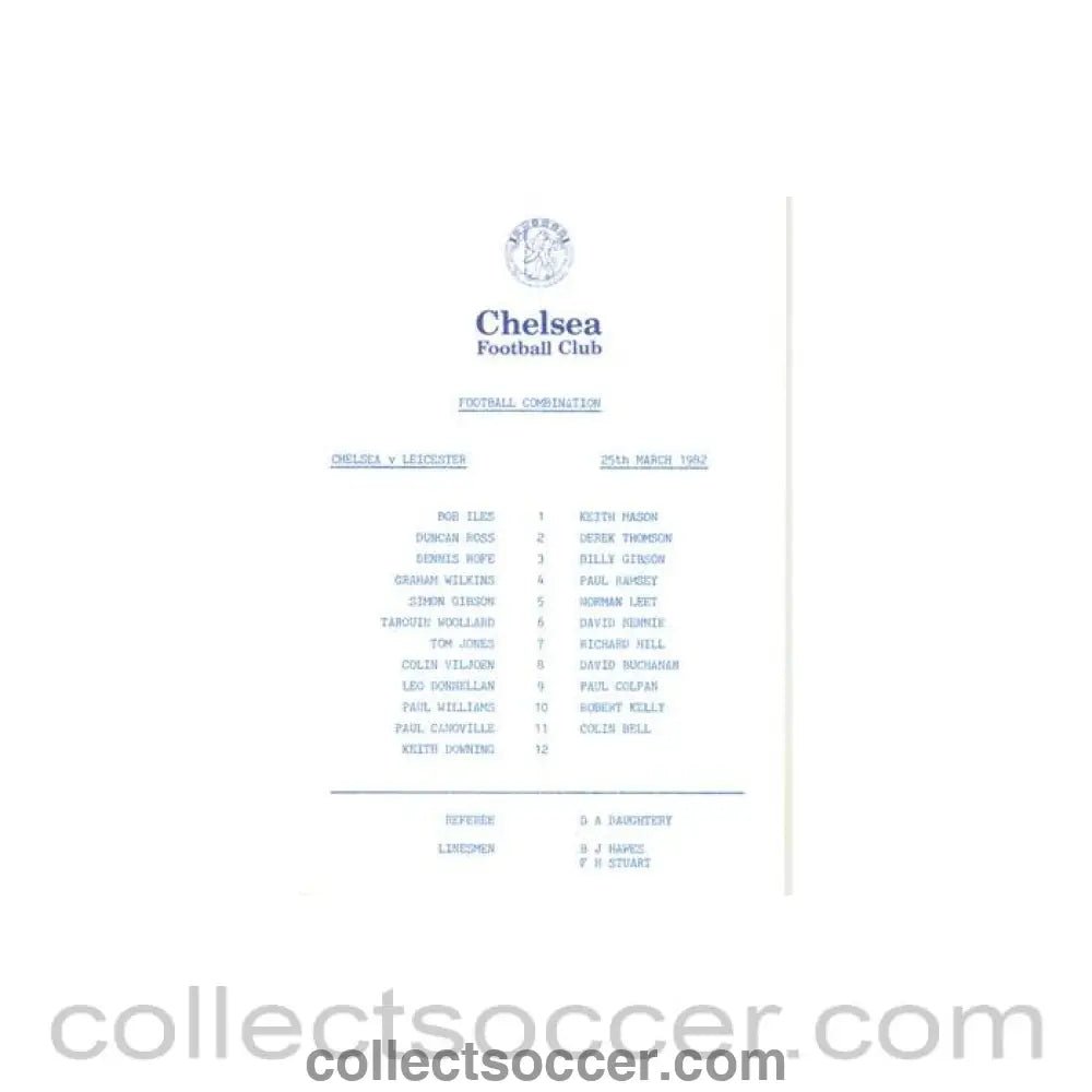 1982 - Chelsea v Leicester City Reserves official programme 25/03/1982 Football Combination - Collect Soccer