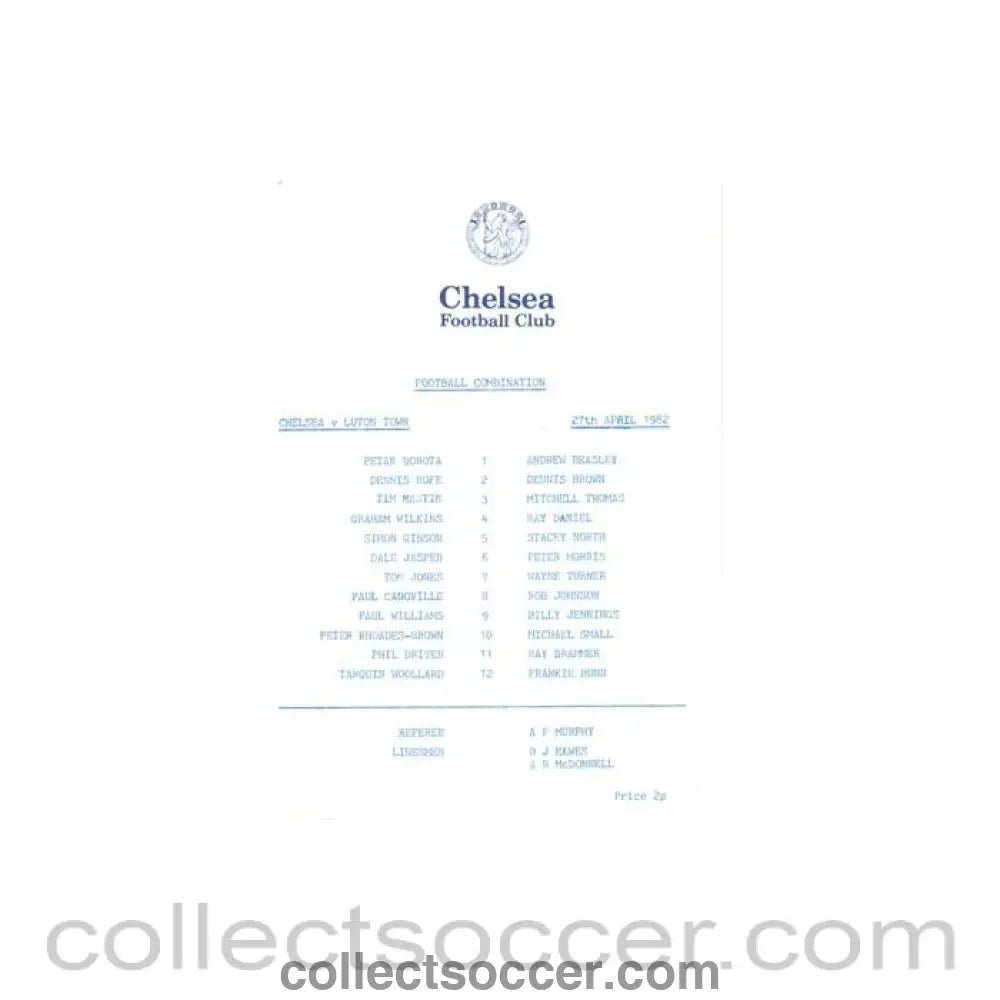 1982 - Chelsea v Luton Town Reserves official programme 27/04/1982 Football Combination - Collect Soccer
