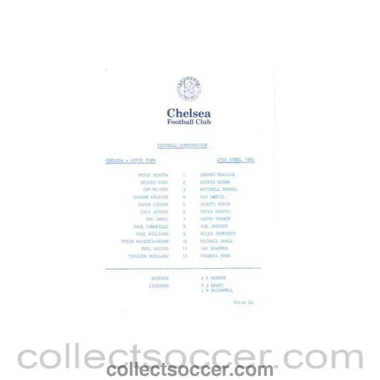 1982 - Chelsea v Luton Town Reserves official programme 27/04/1982 Football Combination