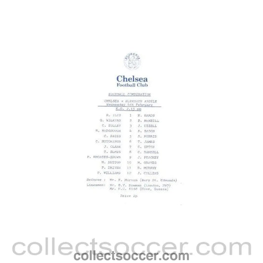 1982 - Chelsea v Plymouth Argyle official programme 04/02/1982 Reserves - Collect Soccer