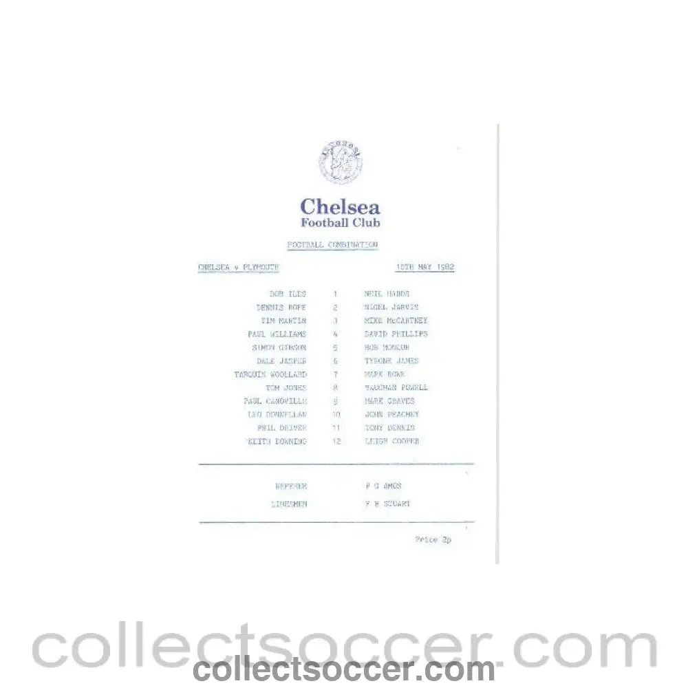 1982 - Chelsea v Plymouth Argyle official programme 10/05/1982 Reserves - Collect Soccer