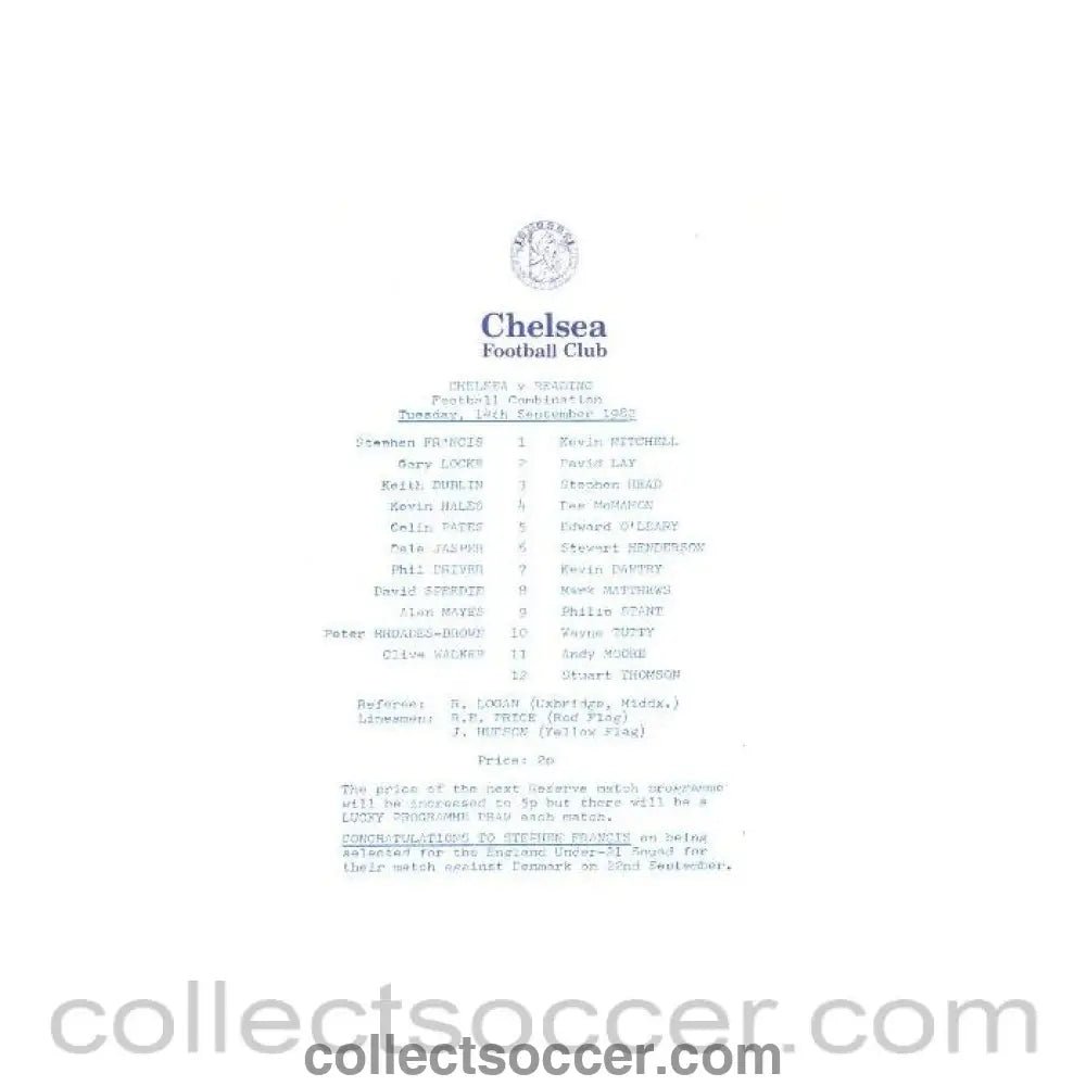 1982 - Chelsea v Reading official programme 14/09/1982 Reserves - Collect Soccer