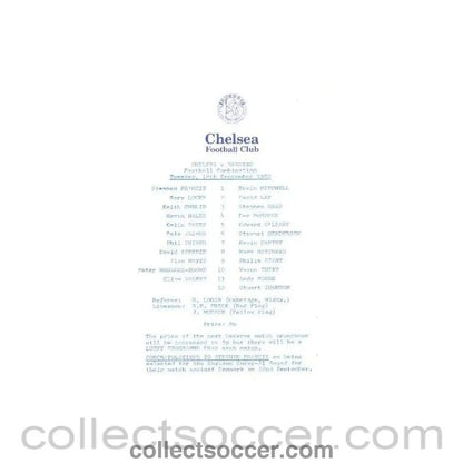 1982 - Chelsea v Reading official programme 14/09/1982 Reserves - Collect Soccer