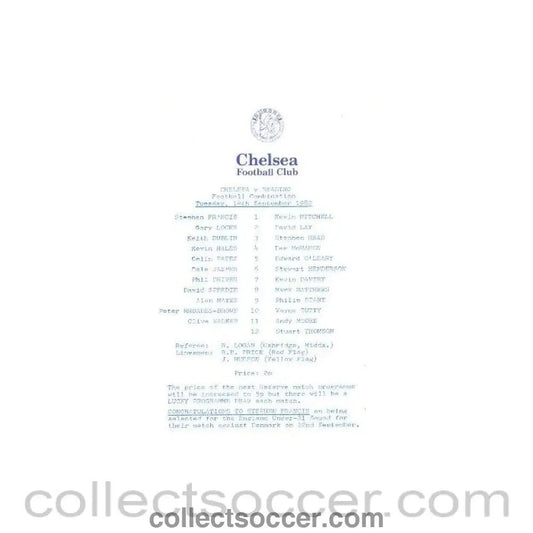 1982 - Chelsea v Reading official programme 14/09/1982 Reserves - Collect Soccer