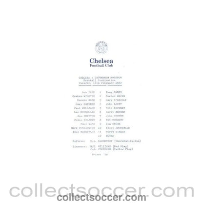 1982 - Chelsea v Tottenham Hotspur Official Programme 16/02/1982 Reserves