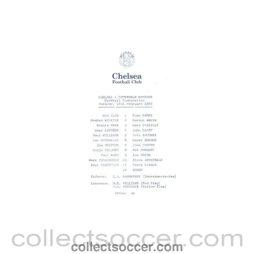 1982 - Chelsea v Tottenham Hotspur Official Programme 16/02/1982 Reserves