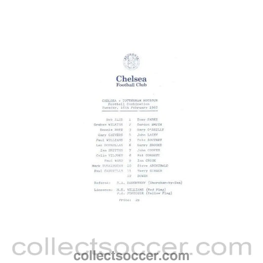 1982 - Chelsea v Tottenham Hotspur Official Programme 16/02/1982 Reserves