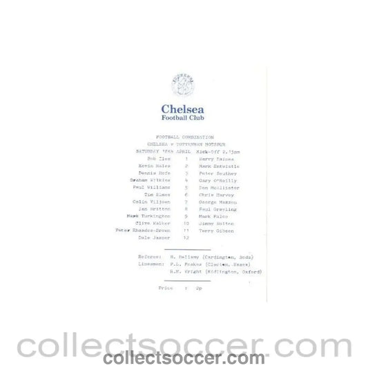 1982 - Chelsea v Tottenham Hotspur official programme 18/04/1982 Reserves - Collect Soccer