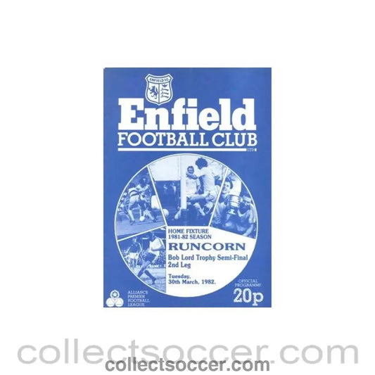 1982 - Enfield v Runcorn official programme 30/03/1982 Bob Lord Trophy Semi - Final 2nd Leg - Collect Soccer