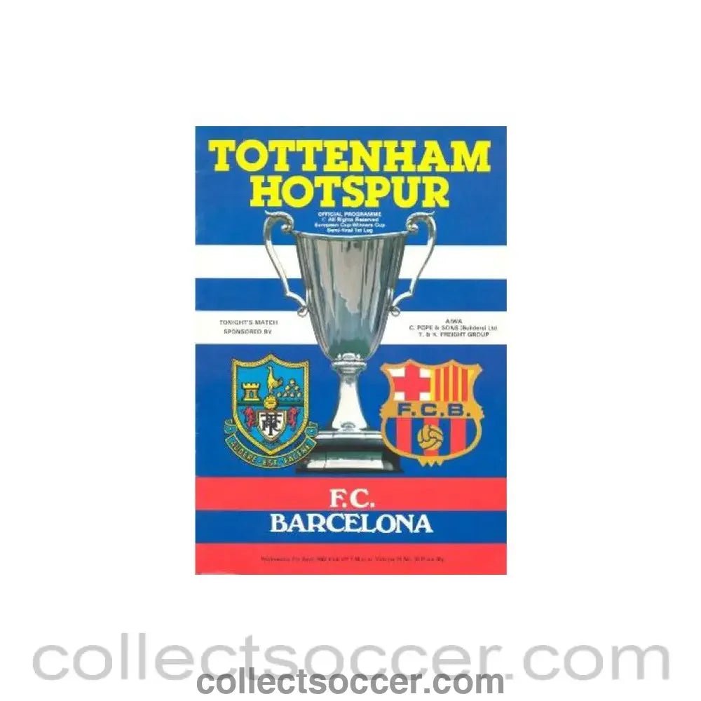 1982 European Cup Winners Cup Semi - Final Tottenham Hotspur v Barcelona official programme - Collect Soccer