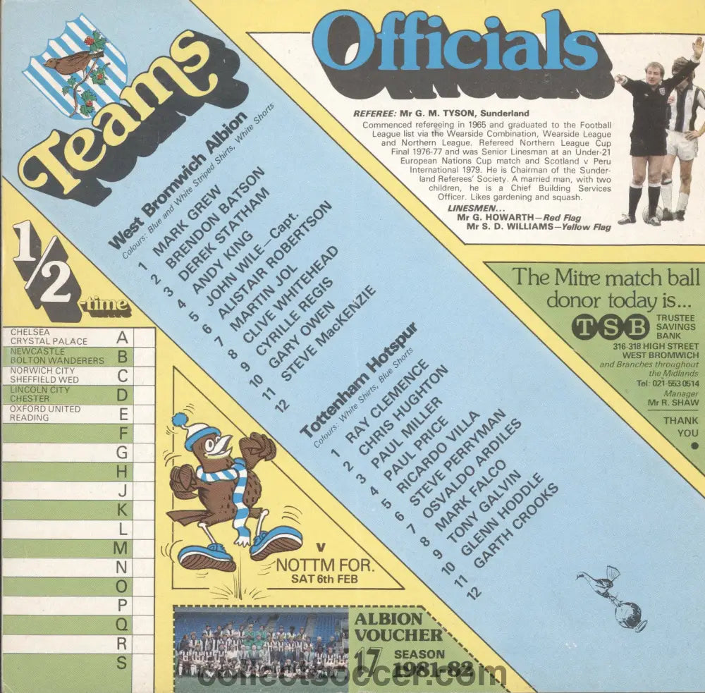 1982 Football League Cup Semi-Final 1st Leg West Bromwich Albion v Tottenham Hotspur Programme