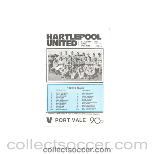 1982 - Hartlepool United v Port Vale official programme 24/04/1982 Football League - Collect Soccer