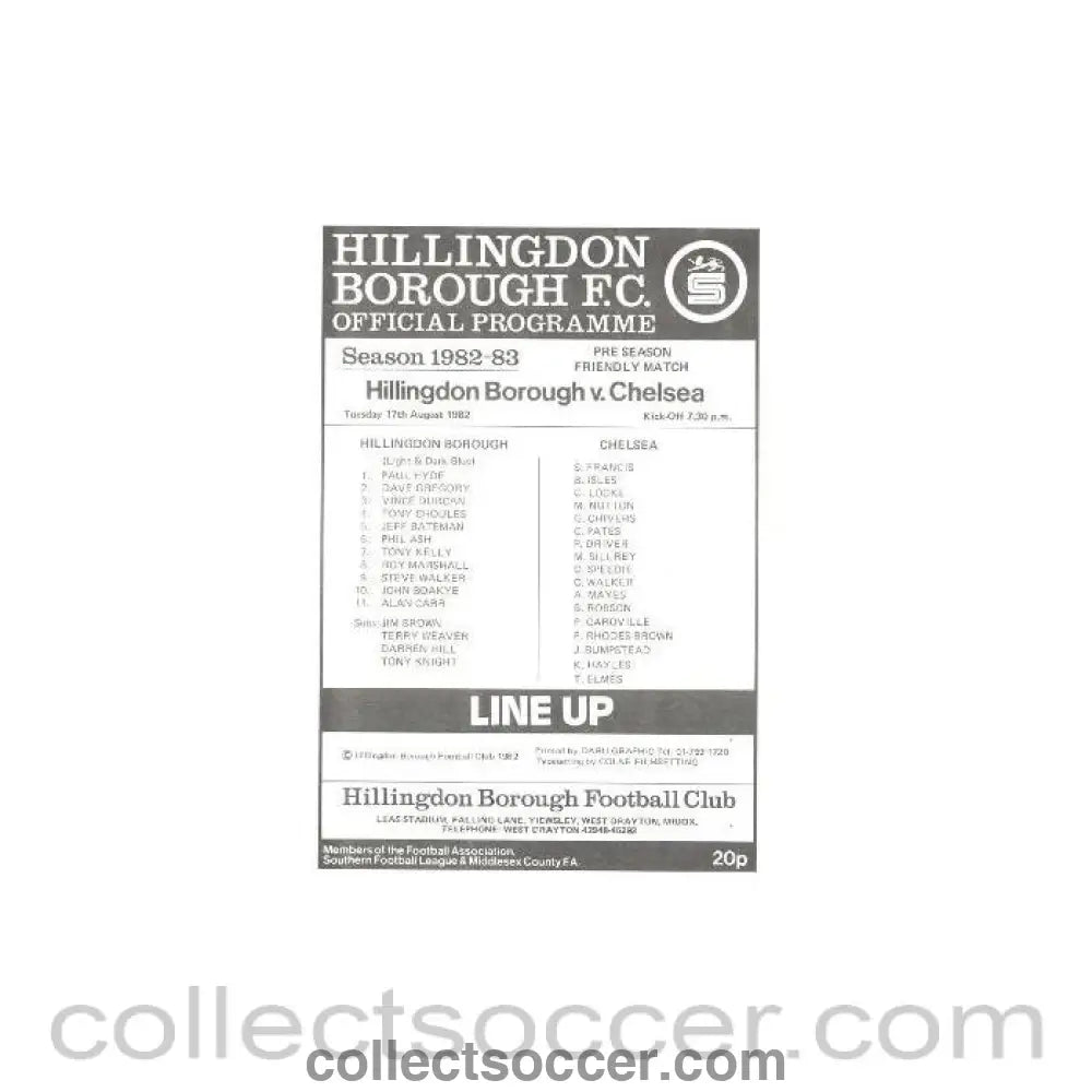 1982 - Hillingdon Borough vChelsea official programme 17/08/1982 - Collect Soccer